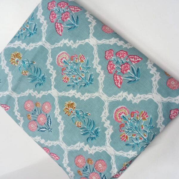 Pre-order hand block printed cotton turquoise base and pink flower 098
