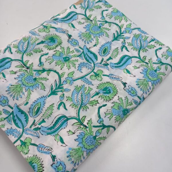 Pre-order hand block printed cotton white base and green floral 090