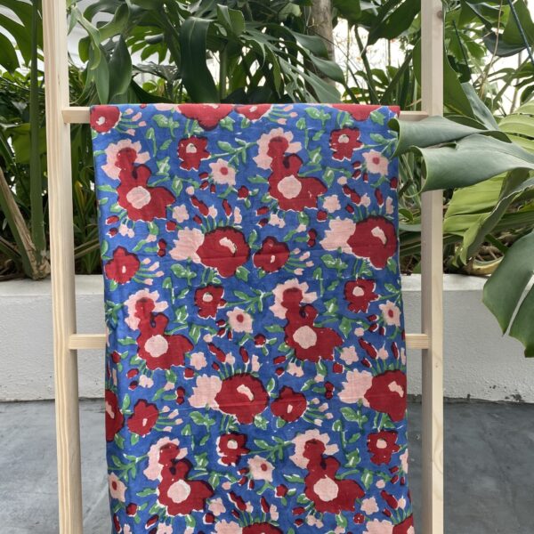 Pre-order hand block printed cotton blue base and red floral 103