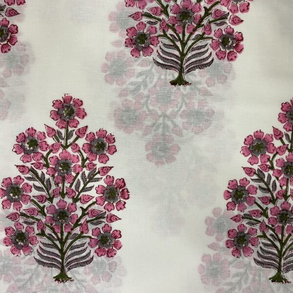 Pre-order hand block printed cotton white based and big pink flower 246