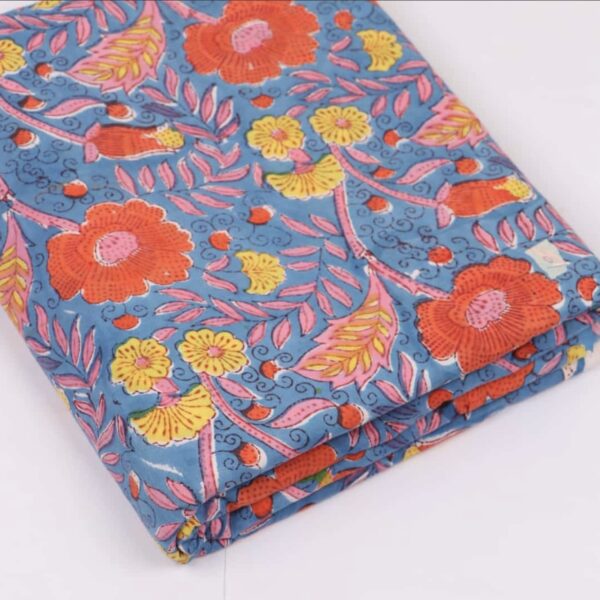 Pre-order hand block printed cotton blue based and pink floral 124