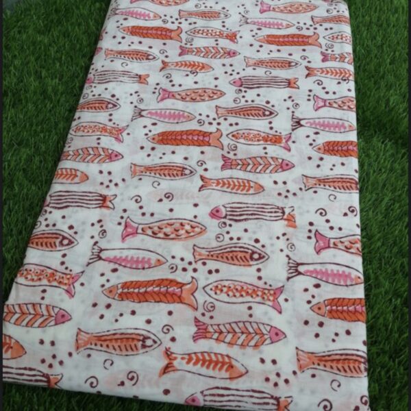 Pre-order hand block printed cotton white base and orange fish prints 152