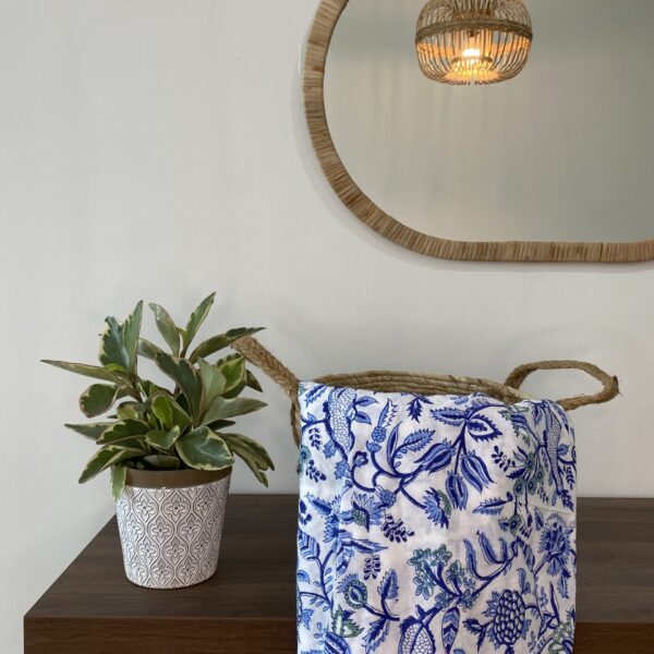 Pre-order hand block printed cotton white and blue floral 086