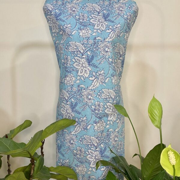 Pre-order hand block printed cotton light blue base and white floral 154