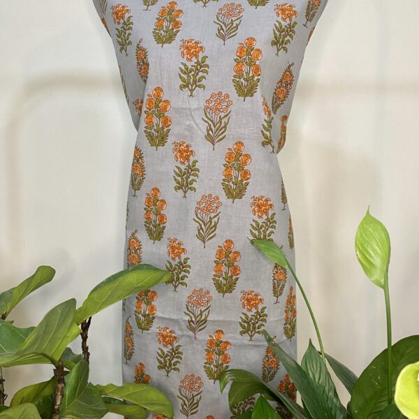 Pre-order hand block printed cotton grey base and orange flower 157