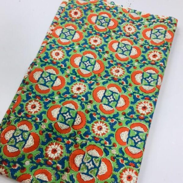 Pre-order hand block printed cotton green base and orange motif 163