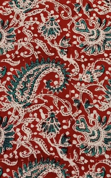 Pre-order Hand block printed cotton red base and green paisley 285