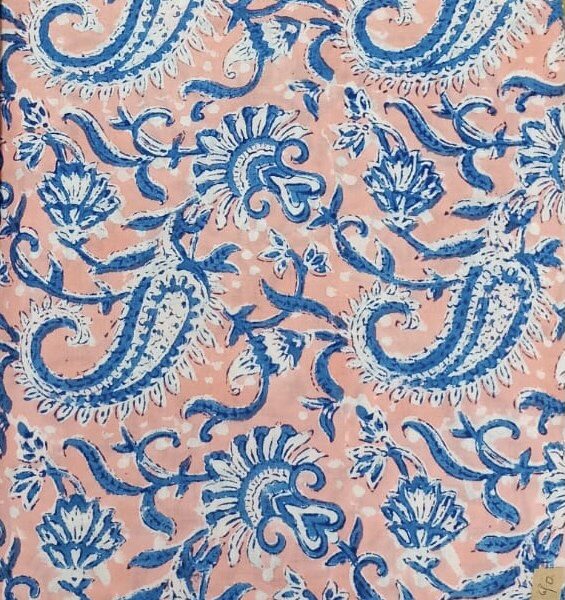 Pre-order Hand block printed cotton light peach and blue paisley 284
