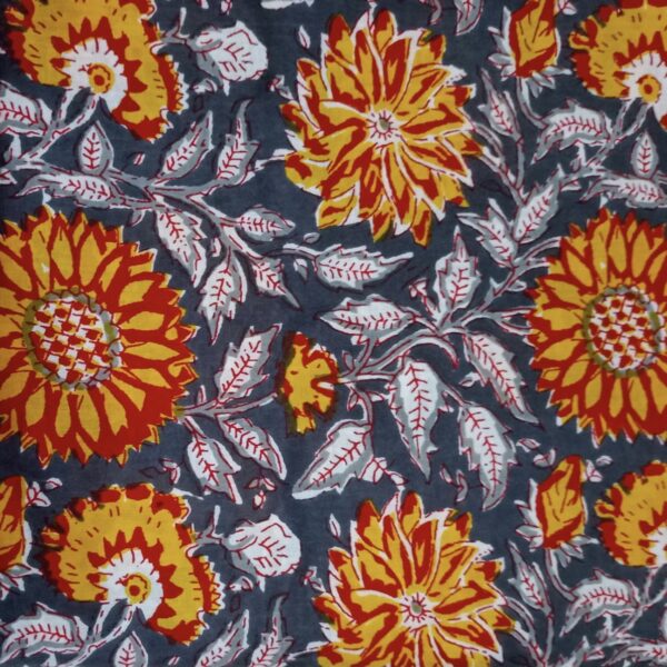 Pre-order Hand block printed cotton grey and yellow floral 267