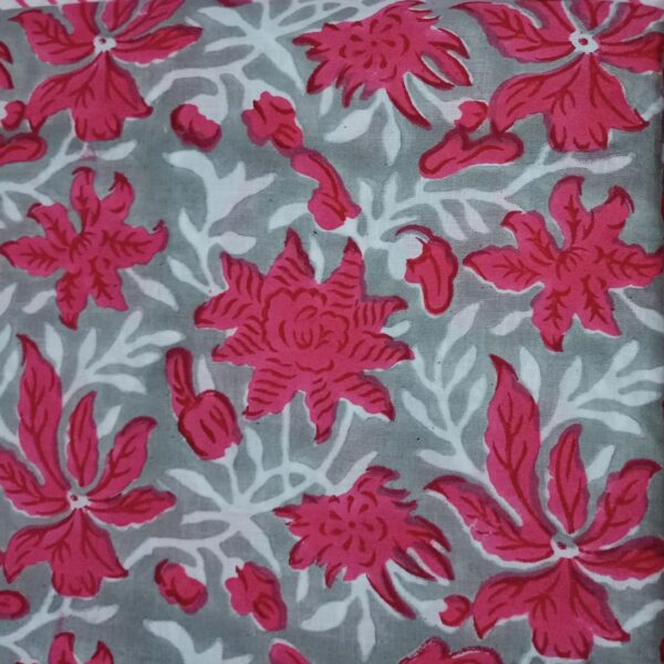 Pre-order Hand block printed cotton grey and pink floral 283