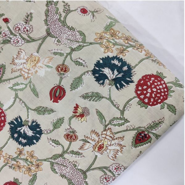 Pre-order Hand block printed cotton light cream and red blue floral 3033