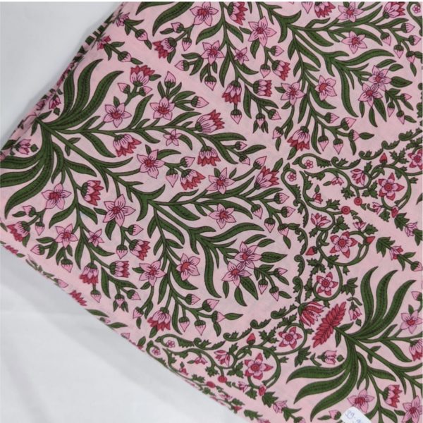 Pre-order Hand block printed cotton pink base and green leaves pink floral 3034