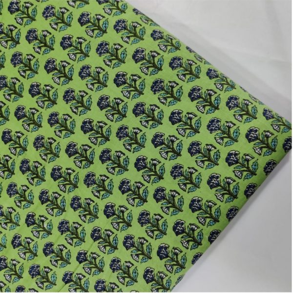 Pre-order Hand block printed cotton green base and blue floral 3036