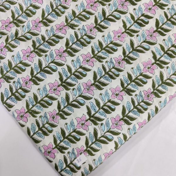 Pre-order Hand block printed cotton white base and green and pink floral 3043