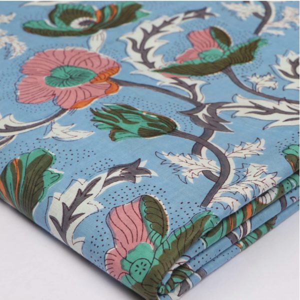 Pre-order Hand block printed cotton light blue and pink floral 3046