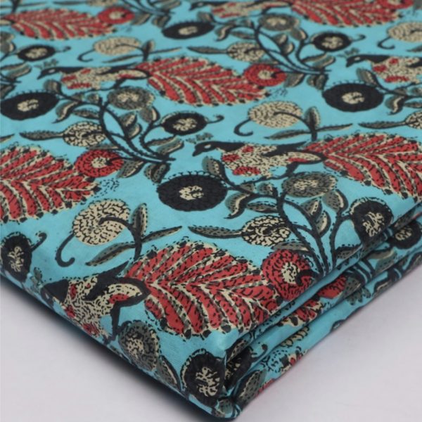 Pre-order Hand block printed cotton turquoise and red leaves 3045