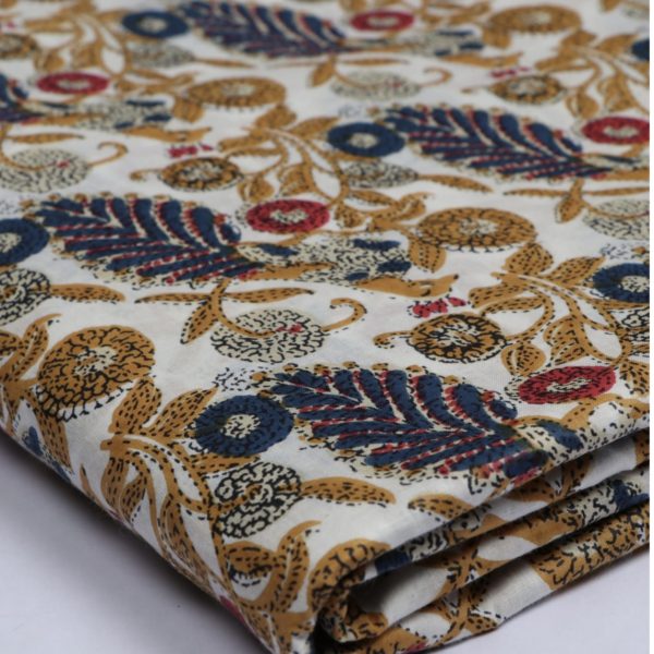 Pre-order Hand block printed cotton white base and blue leaves 3050