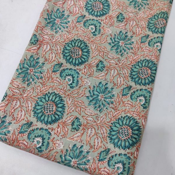Pre-order Hand block printed cotton light turquoise and floral 3056