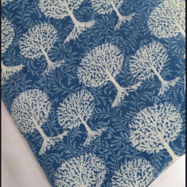 Pre-order Hand block printed cotton indigo blue with white tree pattern 3061