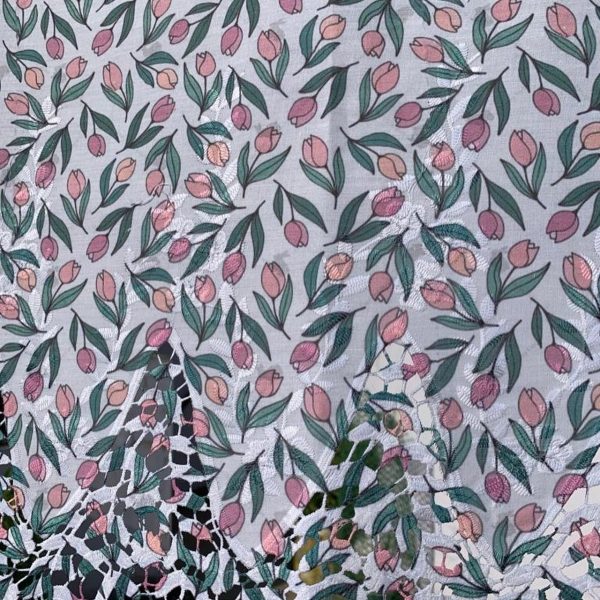 Pre-order lace embroidered printed cotton white and blush tulips 903