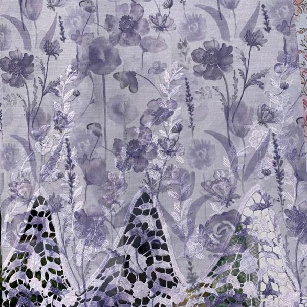 Pre-order lace embroidered printed cotton white and purple floral 901