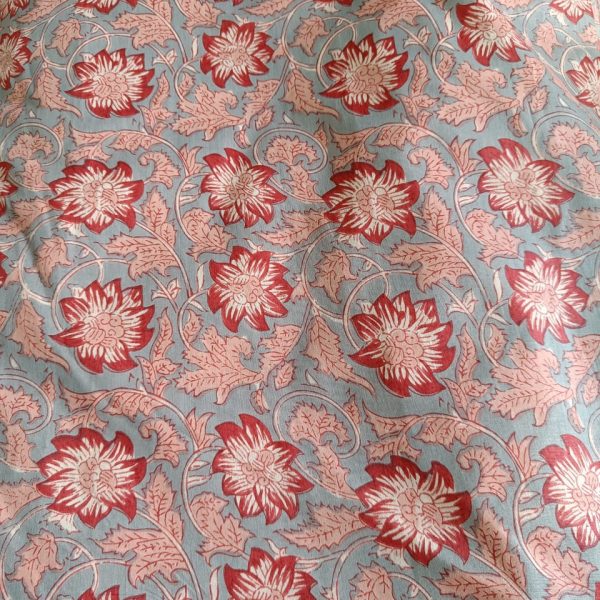 Pre-order Hand block printed cotton light blue and red floral 3065