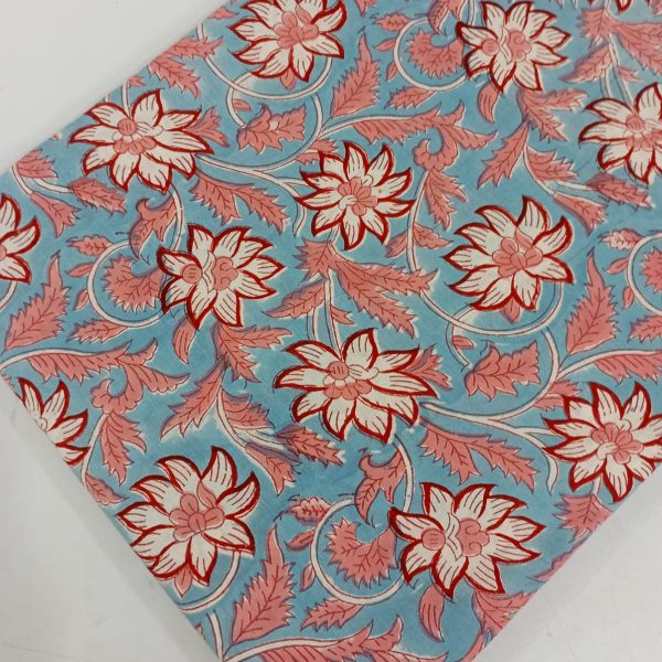 Pre-order Hand block printed cotton light blue and white floral 3066