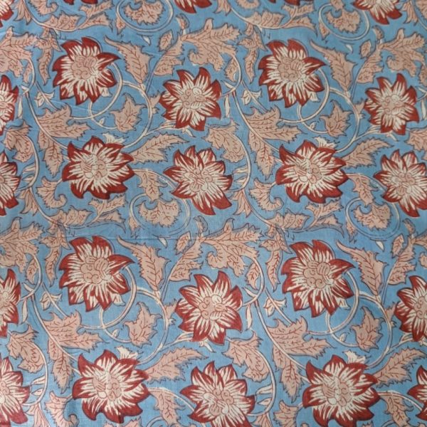 Pre-order hand block printed cotton light blue and red floral 3071