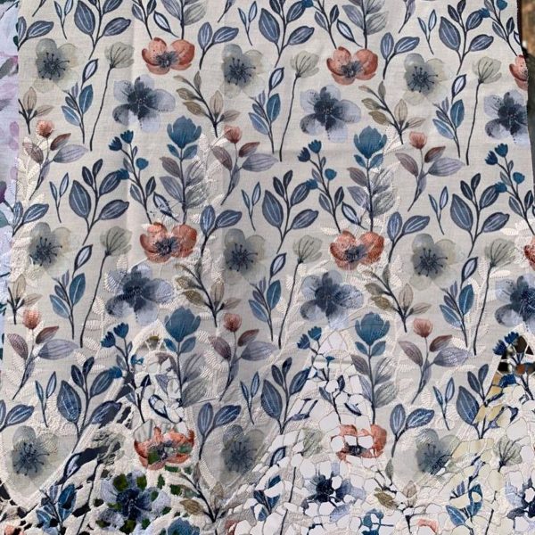 Pre-order lace embroidered printed cotton white and blue floral 905