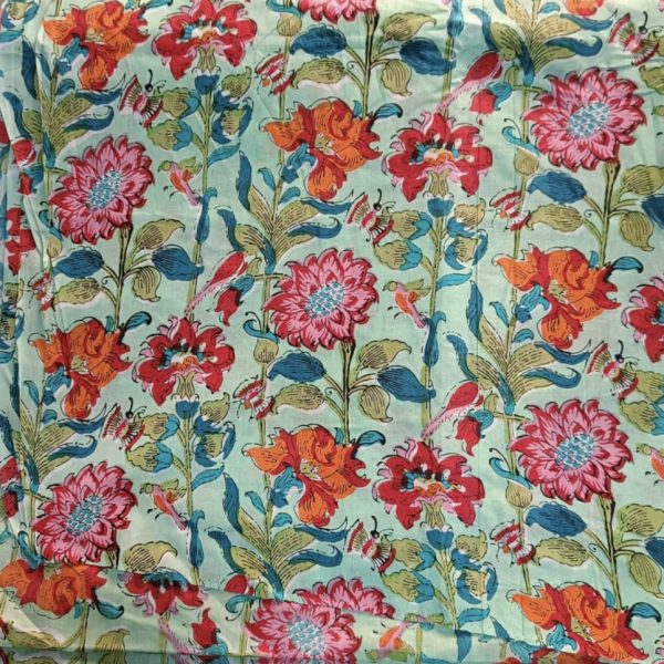 Pre-order screen printed cotton light turquoise and pink floral 3073