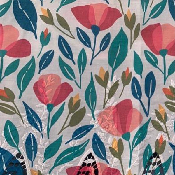 Pre-order lace embroidered printed cotton white and peach tulips 909