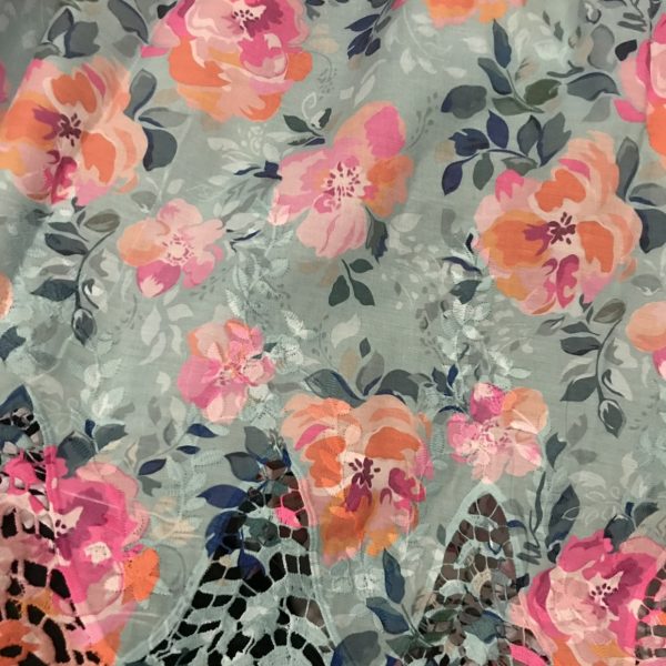 Pre-order lace embroidered printed cotton green and peach floral 911