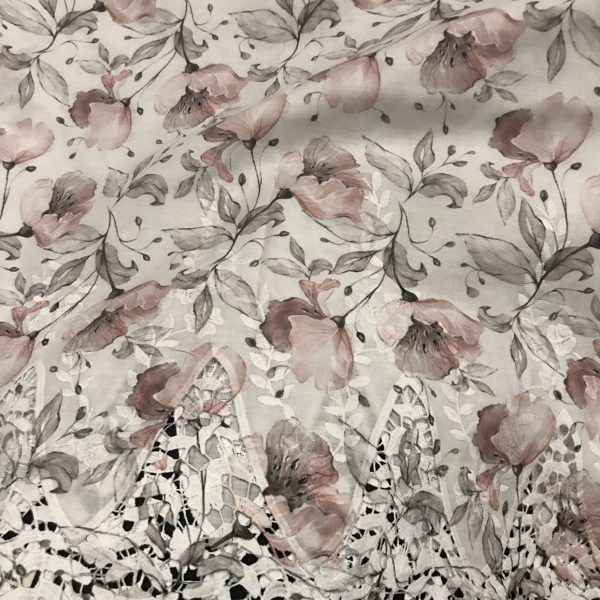 Pre-order lace embroidered printed cotton white and light brown floral 913