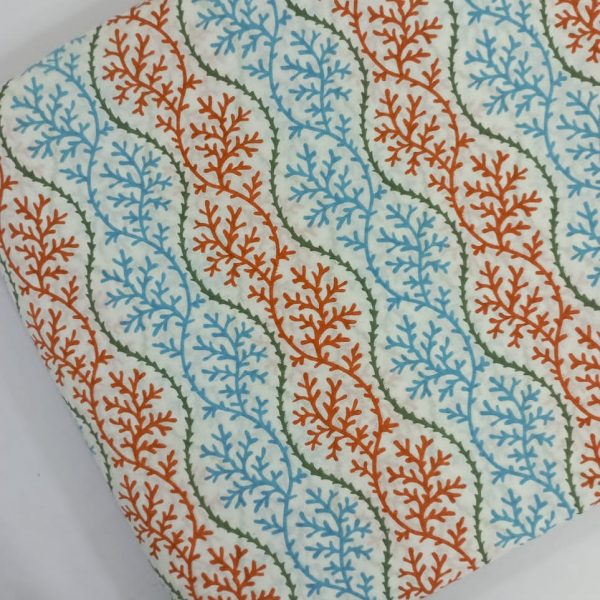 Pre-order hand block printed cotton white and blue red branches pattern 3083