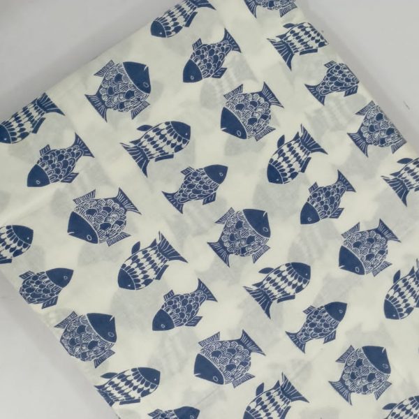 Pre-order hand block printed cotton white and fish prints 3081