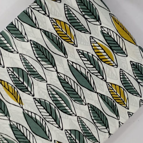 Pre-order hand block printed cotton white and green leaves 3079