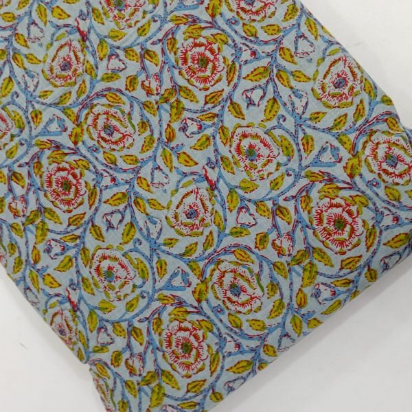 Pre-order hand block printed cotton bluish grey and red floral 3087