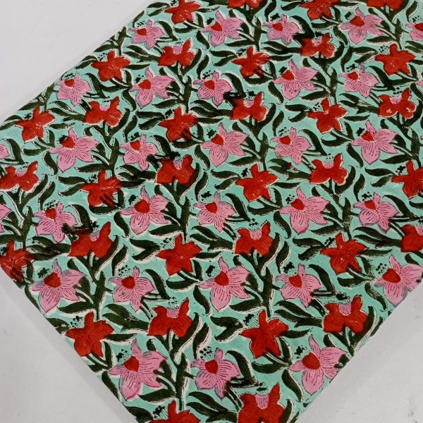 Pre-order hand block printed cotton turquoise and pink red floral 3075
