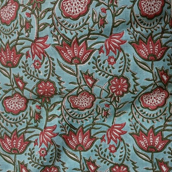 Pre-order hand block printed cotton turquoise and pink floral 3078