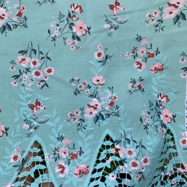 Pre-order lace embroidered printed cotton green turquoise and white floral 920