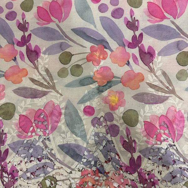 Pre-order lace embroidered printed cotton white and pink floral 916