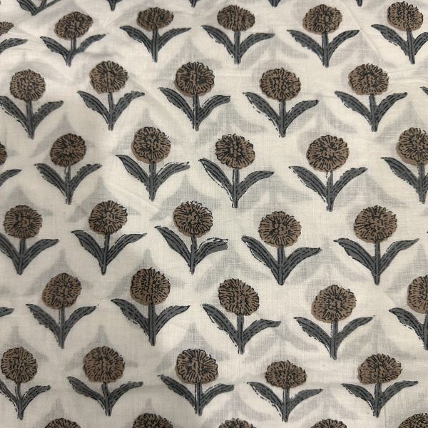 Pre-order hand block printed cotton white and brown floral 3089