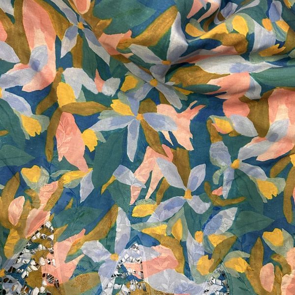 Pre-order lace embroidered printed cotton green and peach floral 938