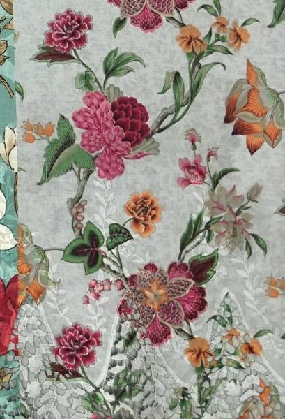 Pre-order lace embroidered printed cotton silvery white and red floral 924