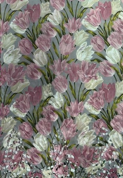 Pre-order lace embroidered printed cotton grey and pink white tulips 927