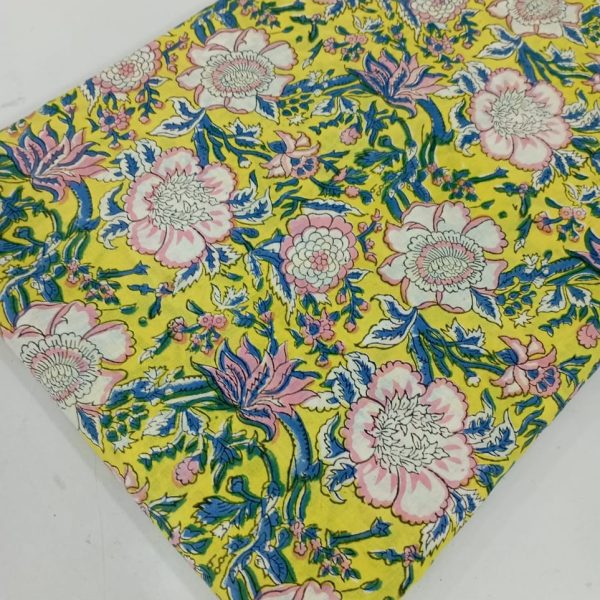 Pre-order hand block printed cotton yellow white pink floral 3104