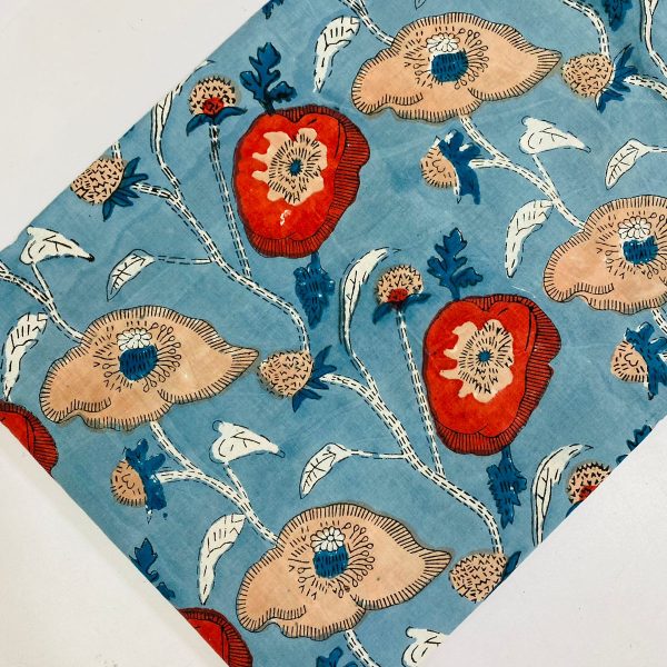 Pre-order hand block printed cotton light blue and red beige floral 3107