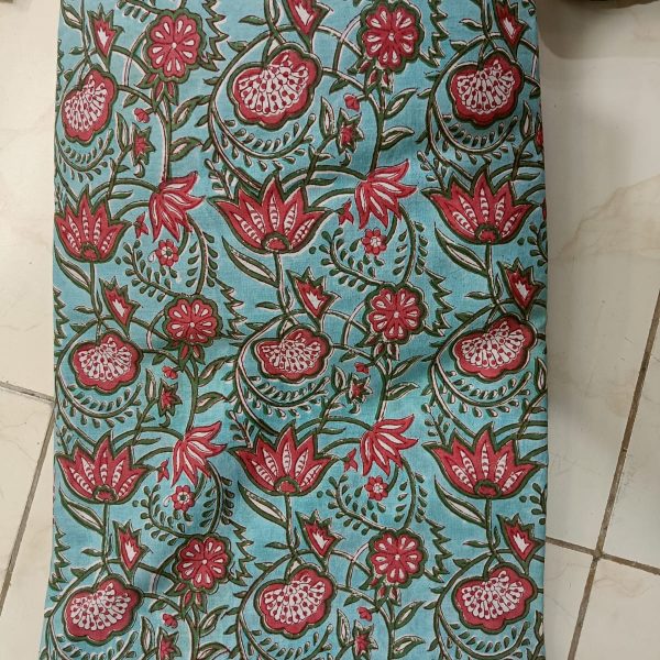 Pre-order hand block printed cotton turquoise and pink floral 3109