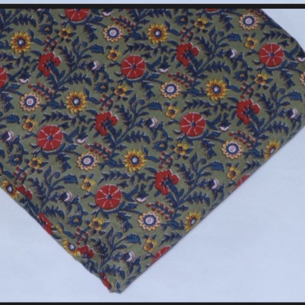 Pre-order hand block printed cotton green and red floral 3129