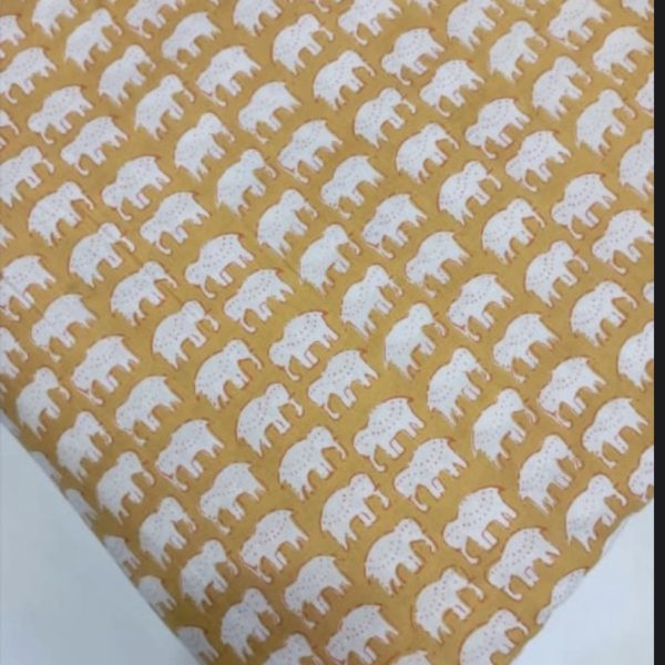 Pre-order hand block printed cotton light yellow and elephant pattern 3121